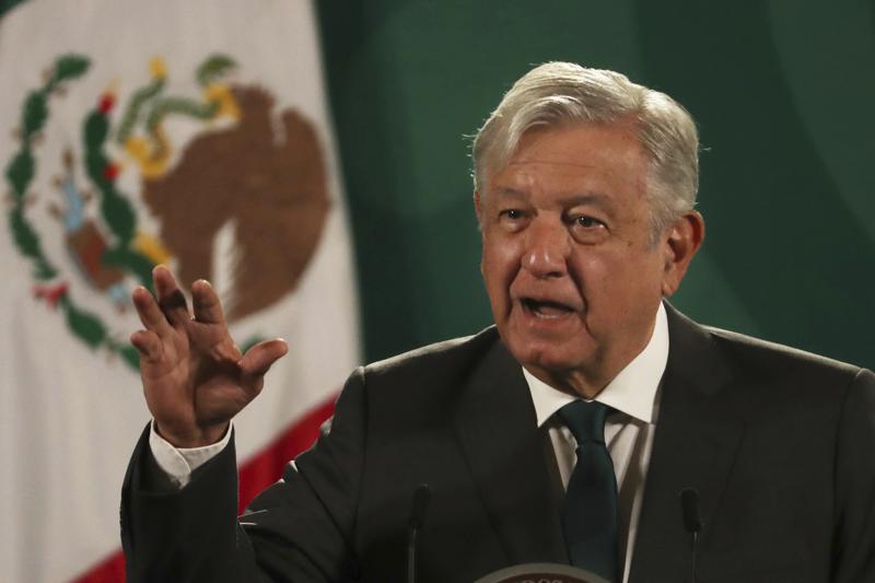 Mexican President Andres Manuel Lopez Obrador gives his daily press conference at the National Palace in Mexico City, Tuesday, June 8, 2021. (AP Photo/Marco Ugarte)