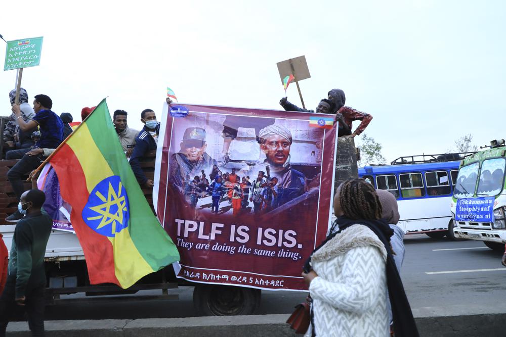 FILE - In this Sunday, Aug. 8, 2021 file photo, thousands of Ethiopians from the capital and surrounding areas head to Meskel Square to rally against the Tigray People's Liberation Front (TPLF) under the motto "I march to Save Ethiopia" and renew commitments to support the national army. The leader of the Oromo Liberation Army armed group that Ethiopia's government has designated a terrorist organization says his group has struck a military alliance with the Tigray forces, in an interview on Wednesday, Aug. 11, 2021. (AP Photo, File)