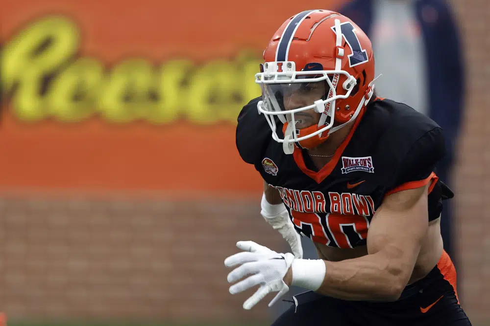 National defensive back Sydney Brown of Illinois runs drills during practice for the Senior Bowl NCAA college football game Thursday, Feb. 2, 2023, in Mobile, Ala.. (AP Photo/Butch Dill)