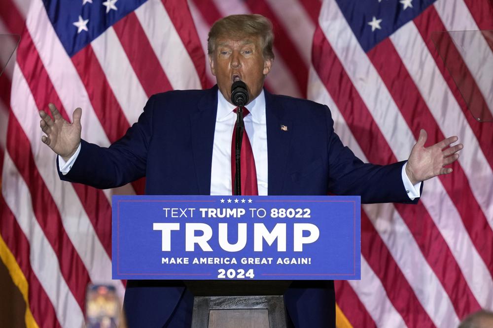 Former President Donald Trump announces a third run for president as he speaks at Mar-a-Lago in Palm Beach, Fla., Tuesday, Nov. 15, 2022. (AP Photo/Rebecca Blackwell)