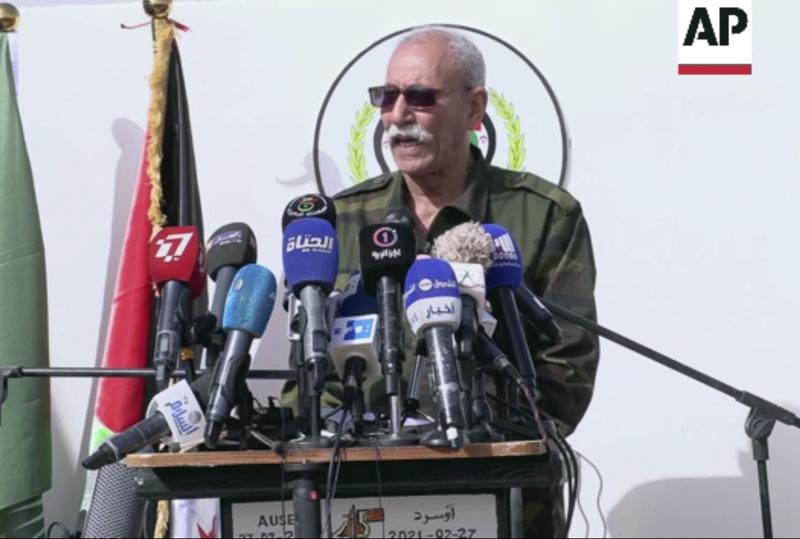 FILE - In this file image made from video on Feb. 27, 2021, Brahim Ghali, leader of the pro-independence Polisario Front speaks to a crowd in Tindouf, Algeria. Ghali, the leader of an Algeria-backed movement fighting for the independence of Western Sahara, was admitted to a hospital in northern Spain last month. His presence under a disguised identity didn’t go unnoticed to the government in Morocco, the country that annexed the northwestern African territory nearly half a century ago. (AP Photo, file)