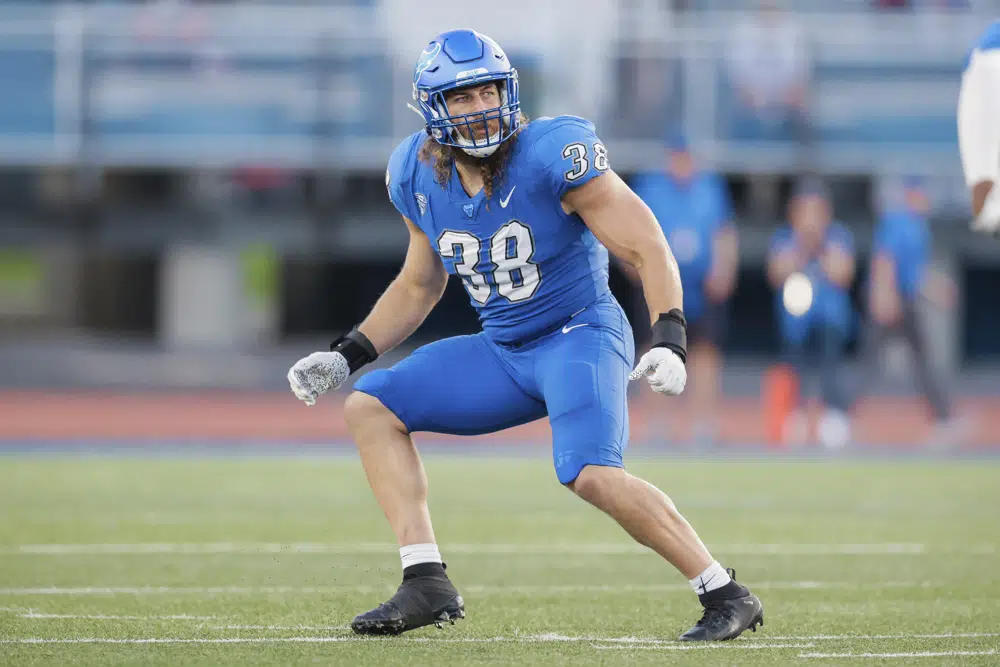 This Sept. 10, 2022, photo provided by University of Buffalo Athletics shows University at Buffalo NCAA college football player Damian Jackson. Jackson has no expectation of growing emotional in preparing to play the final game of his college career next week. (Paul Hokanson/Univ. of Buffalo Athletics via AP)