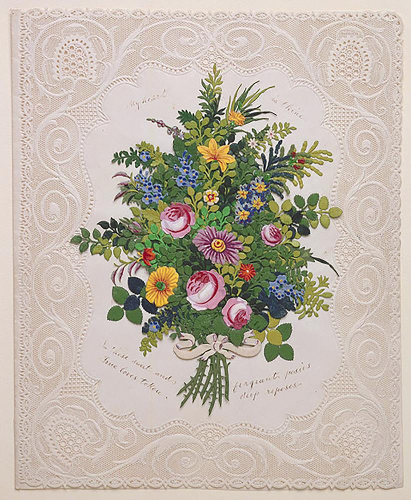 This image released by The Cooper Hewitt Smithsonian Design Museum shows a Valentines Day card made of machine cut paper decoupage on a paper doily from the 19th century The boom in commercial Valentines Day cards really began in the mid-1800s and was a reflection of changing courtship patterns says Elizabeth White Nelson associate professor of history at University of Nevada Las Vegas Cooper Hewitt Smithsonian Design Museum via AP