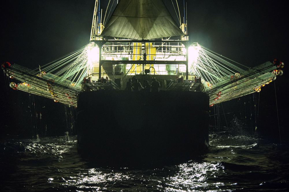 En esta foto de julio de 2021, proporcionada por Sea Shepherd, se ve a un barco de bandera china que pesca calamares en la noche en altamar fuera de la costa oeste de Sudamérica. El número de barcos con bandera china en el Pacífico sur ha aumentado casi 10 veces, de 54 barcos activos en 2009 a 557 en 2020, según la Organización Regional de Ordenación Pesquera del Pacífico Sur (South Pacific Regional Fisheries Management Organization, o SPRFMO, por sus siglas en inglés), un grupo intergubernamental de 15 miembros encargados de asegurar la conservación y pesca sostenible de las especies. Mientras tanto, el tamaño de su pesca ha aumentado de 70.000 toneladas en 2009 a 358.000. (Isaac Haslam/Sea Shepherd vía AP)