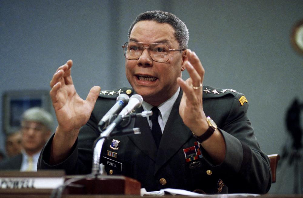 FILE - In this Sept. 25, 1991, file photo, Gen. Colin Powell, chairman of the Joint Chiefs of Staff, speaks on Capitol Hill in Washington, at a House Armed Services subcommittee. Powell, former Joint Chiefs chairman and secretary of state, has died from COVID-19 complications. In an announcement on social media Monday, the family said Powell had been fully vaccinated. He was 84. (AP Photo/Marcy Nighswander, File)