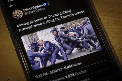 Imágenes creadas por Eliot Higgins con el uso de Inteligencia Artificial muestran una escaramuza ficticia con Donald Trump y agentes de policía de Nueva York publicada en la cuenta de Higgins en Twitter, tal y como fueron fotografiadas con un iPhone en Arlington, Virginia, el jueves 23 de marzo de 2023. Las imágenes, muy detalladas y sensacionalistas, no son reales y se produjeron utilizando un generador de imágenes sofisticado y ampliamente accesible. (AP Foto/J. David Ake)