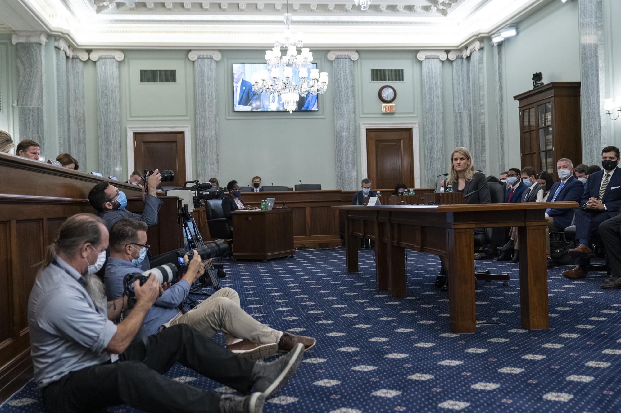 FILE – In this Oct. 5, 2021, file photo, former Facebook data scientist Frances Haugen speaks during a hearing of the Senate Commerce, Science, and Transportation Subcommittee on Consumer Protection, Product Safety, and Data Security, on Capitol Hill, in Washington. From complaints whistleblower Haugen has filed with the SEC, along with redacted internal documents obtained by The Associated Press, the picture of the mighty Facebook that emerges is of a troubled, internally conflicted company, where data on the harms it causes is abundant, but solutions are halting at best. (AP Photo/Alex Brandon, File)