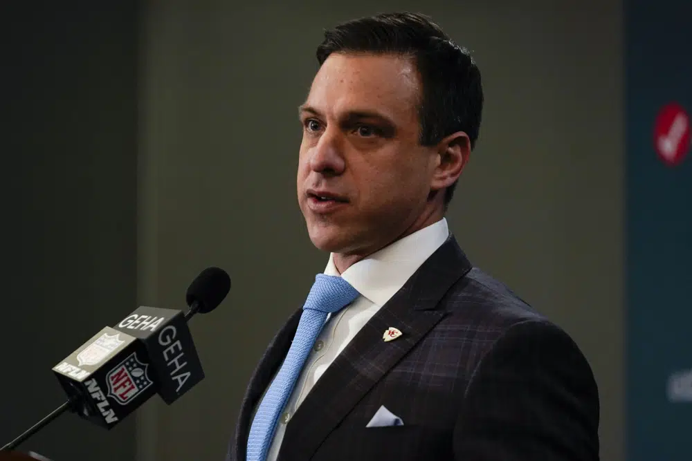 Kansas City Chiefs General Manager Brett Veach speaks after the NFL AFC Championship playoff football game against the Cincinnati Bengals, Sunday, Jan. 29, 2023, in Kansas City, Mo. The Kansas City Chiefs won 23-20. (AP Photo/Jeff Roberson)