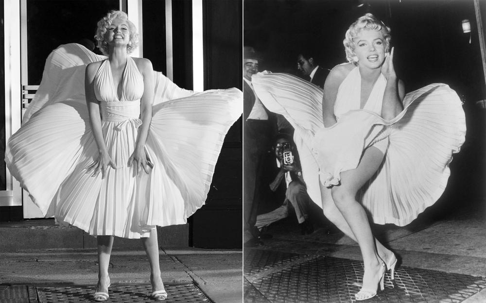 This combination of photos shows Ana de Armas as Marilyn Monroe in a scene from "Blonde," left, and Marilyn Monroe posing on a subway grate while filming "The Seven Year Itch" in New York on Sept. 9, 1954. (Netflix via AP, left, AP Photo/Matty Zimmerman)