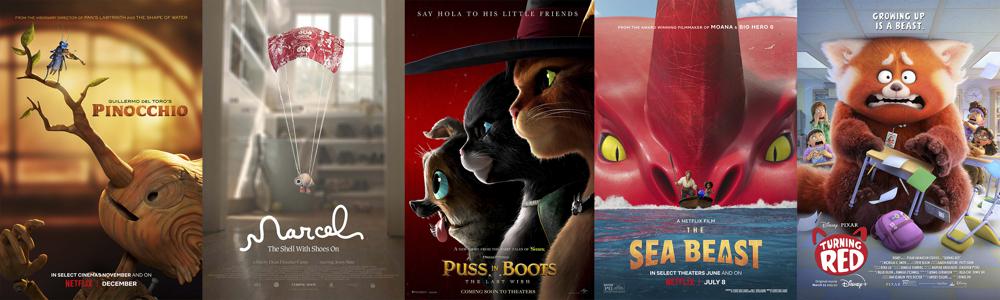 This combination of images shows promotional art for Oscar nominees for best animated feature film, from left, "Guillermo del Toro's Pinocchio," "Marcel the Shell with Shoes On," "Puss in Boots: The Last Wish," "The Sea Beast," and "Turning Red." (Netflix/A24/Universal/Netflix/Walt Disney via AP)