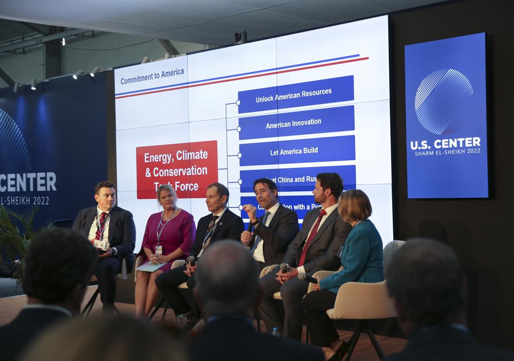 1000 In: U.S. Group Touting Benefits of Fossil Fuels at Climate Talks Only Look Stupid | Our Santa Fe River, Inc. (OSFR) | Protecting the Santa Fe River Rich Powell, co-chair of the Conservative Climate Foundation, left, moderates a panel discussion titled Conservative Solutions to Global Climate Challenges: A Robust U.S. Energy, Climate and Conservation Agenda, with from second left, Heather Reams, President of Citizens for Responsible Energy Solutions, U.S. Rep. John Curtis, of Utah, U.S. Rep. Garret Graves, R-La., U.S. Rep. Dan Crenshaw, R-Texas, and U.S. Rep. Mariannette Miller-Meeks, R-Iowa, in the U.S. Pavilion at the COP27 U.N. Climate Summit, in Sharm el-Sheikh, Egypt, Friday, Nov. 11, 2022. (AP Photo/Thomas Hartwell)