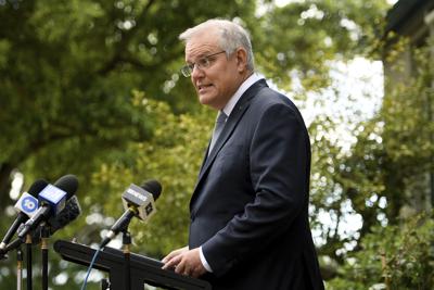 El primer ministro de Australia, Scott Morrison, durante conferencia de prensa en Sydney, el viernes 15 de octubre de 2021. (Dan Himbrechts/AAP Image vía AP)