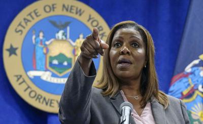 FILE - In this Friday May 21, 2021, file photo, New York Attorney General Letitia James acknowledges questions from journalists at a news conference in New York. James has announced that she is running for governor, according to three people directly familiar with her plans. (AP Photo/Richard Drew, File)