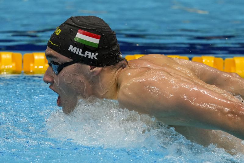 Kristof Milak, of Hungary, swims in a men's 200-meter butterfly final at the 2020 Summer Olympics, Wednesday, July 28, 2021, in Tokyo, Japan. (AP Photo/Charlie Riedel)