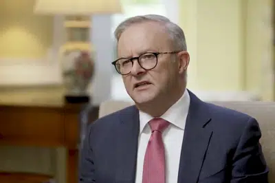 In this image made from video, Australian Prime Minister Anthony Albanese speaks during an interview with Australian Broadcasting Corp. in London, Thursday, May 4, 2023. Albanese has expressed frustration at the United States’ continuing efforts to extradite WikiLeaks founder and Australian citizen Julian Assange, saying: “There is nothing to be served by his ongoing incarceration.” (Australian Broadcasting Corp. via AP)