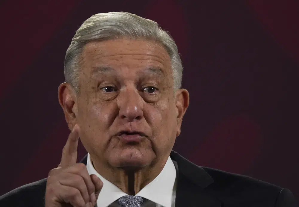 FILE - Mexican President Andres Manuel Lopez Obrador speaks during his regularly scheduled morning press conference at the National Palace in Mexico City, Feb. 28, 2023. Lopez Obrador has again complained to the United States that the U.S. government is funding organizations opposed to his administration, this time in a letter dated Tuesday, May, 2, 2023, to President Joe Biden. (AP Photo/Marco Ugarte, File)