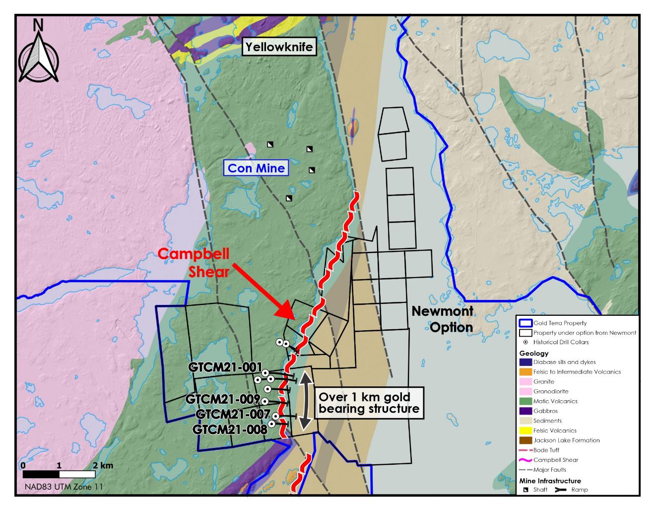 Gold Terra Drilling Confirms Continuity Of Gold Mineralization To Over Two Kilometres In Campbell Shear South Of Con Mine Newmont Option Northwest Territories