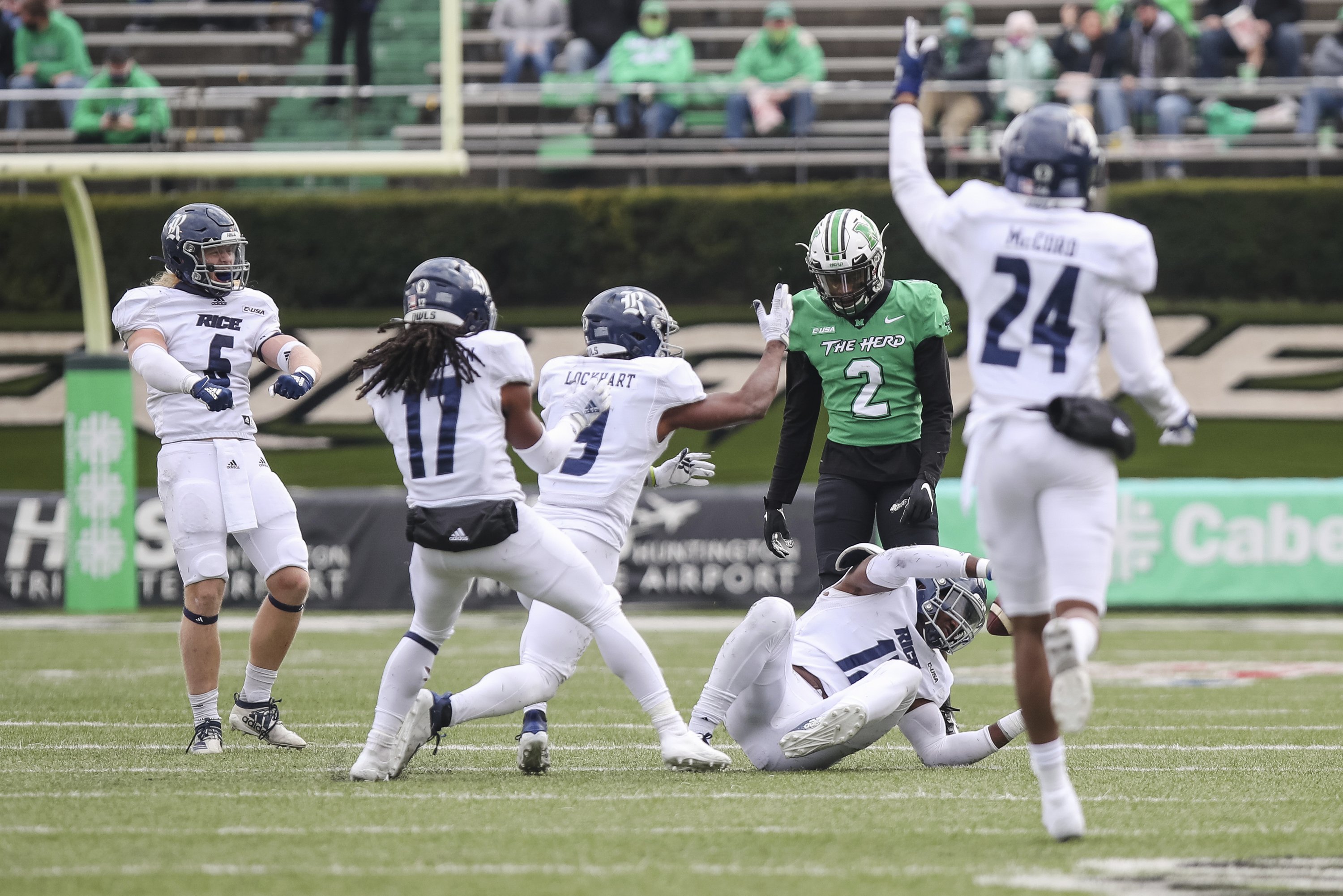 Rice uses 5 interceptions to upset No. 15 Marshall 20-0