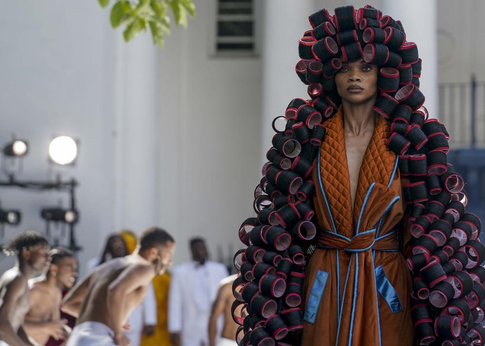 The latest fashion from Pyer Moss is modeled Saturday, July 10, 2021, in Irvington, N.Y. Staged at the Villa Lewaro mansion, the home built by African American entrepreneur Madam C.J. Walker in 1917, the show was themed around inventions by African Americans. (AP Photo/Bebeto Matthews)