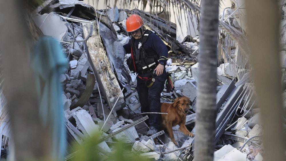Fire rescue personnel conduct a search and rescue with dogs through the rubble of the Champlain Towers South Condo after the multistory building partially collapsed in Surfside, Fla., Thursday, June 24, 2021.  (David Santiago/Miami Herald via AP)