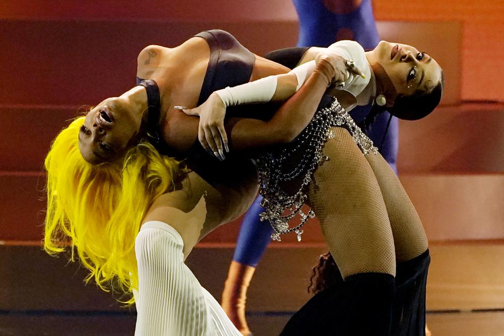 SZA, left, and Doja Cat perform together at the Billboard Music Awards, Friday, May 21, 2021, at the Microsoft Theater in Los Angeles. The awards show airs on May 23 with both live and prerecorded segments. (AP Photo/Chris Pizzello)