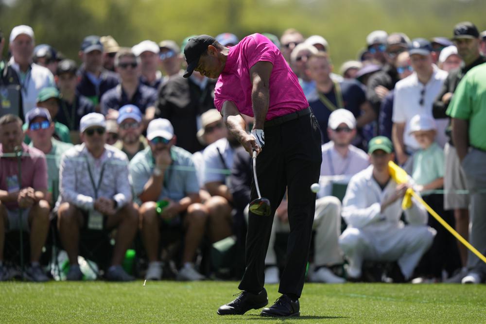 Tiger Woods hits his tee shot on the eighth hole during the first round at the Masters golf tournament on Thursday, April 7, 2022, in Augusta, Ga. (AP Photo/Matt Slocum)