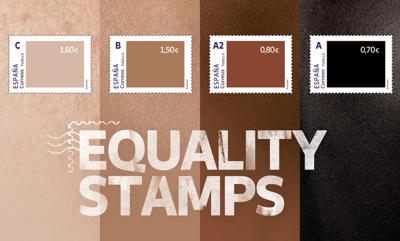 La foto difundida por Correos España el viernes 28 de mayo de 2021 muestra una serie de cuatro sellos coloreados con distintos tonos de piel. Correos tuvo la intención de destacar la desigualdad racial, pero la reacción fue adversa. La serie lleva el nombre en inglés "Equality Stamps", algo así como sellos por la igualdad. (Correos via AP)