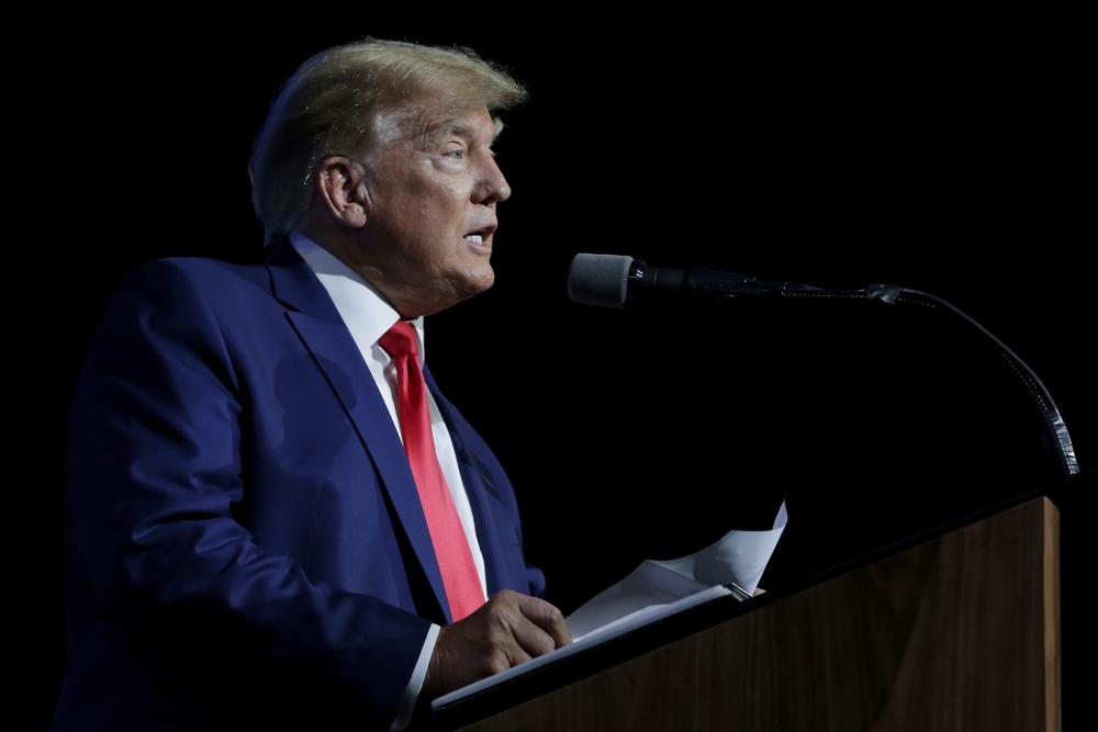 FILE - Former president Donald Trump speaks during the Leadership Forum at the National Rifle Association Annual Meeting at the George R. Brown Convention Center Friday, May 27, 2022, in Houston. Trump endorsed investor Blake Masters in Arizona's crowded U.S. Senate primary Thursday, June 2, giving his blessing to another acolyte of tech investor Peter Thiel after his nod helped “Hillbilly Elegy” author JD Vance secure the GOP nomination in Ohio. (AP Photo/Michael Wyke, File)