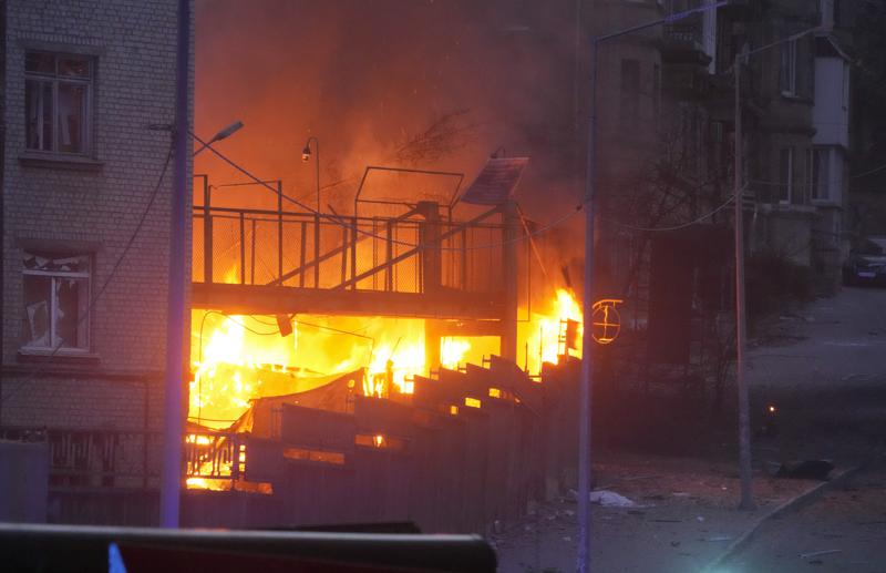 A fire after a Russian rocket attack is seen in Kyiv, Ukraine, Thursday, April 28, 2022. (AP Photo/Efrem Lukatsky)
