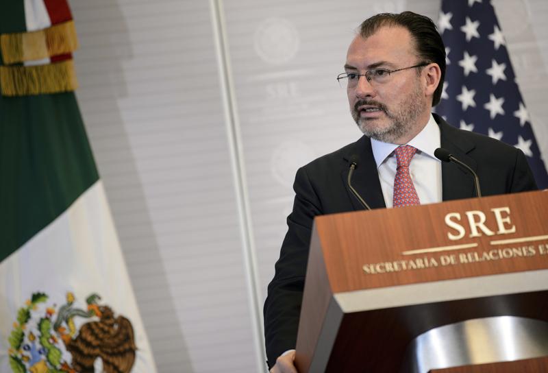 FILE -  In this Oct. 19, 2018 file photo, Mexico's Foreign Minister Luis Videgaray gives a press conference at the Ministry of Foreign Affairs with Secretary of State Mike Pompeo, not shown, in Mexico City. Mexico announced Tuesday, June 8, 2021, it has barred the former Treasury and Foreign Relations Secretary from holding public office there for 10 years, after finding he failed to accurately report his holdings, income, or properties between late 2012 and 2016. (Brendan Smialowski/Pool Image via AP, File)