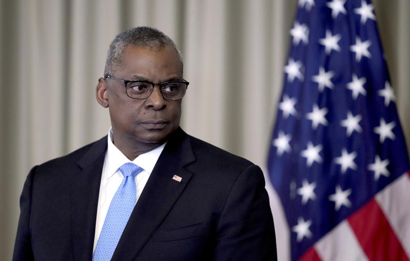 U.S. Secretary of Defense, Lloyd Austin, attends a press conference after the meeting of the Ukraine Security Consultative Group at Ramstein Air Base in Ramstein, Germany, Tuesday, April 26, 2022. (AP Photo/Michael Probst)