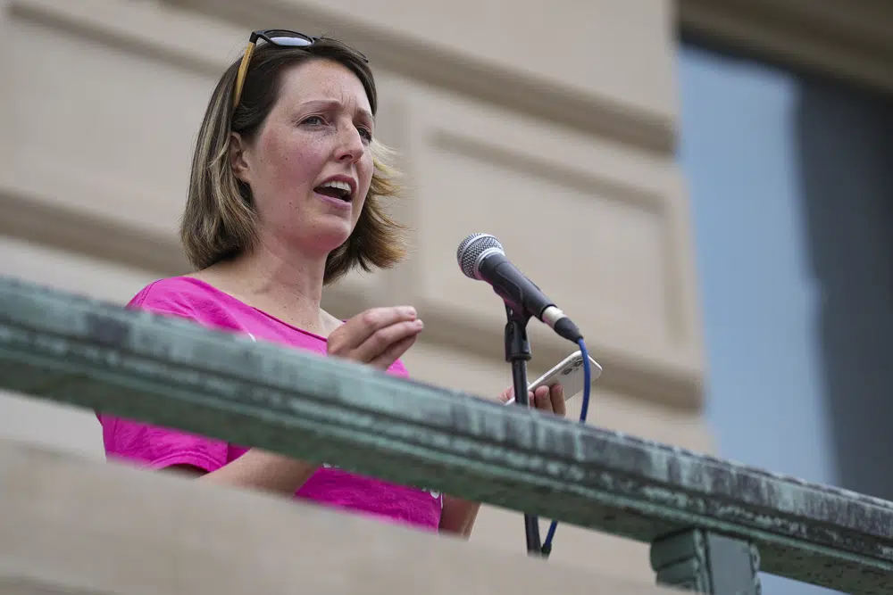 FILE - Dr. Caitlin Bernard, a reproductive healthcare provider, speaks during an abortion rights rally on June 25, 2022, at the Indiana Statehouse in Indianapolis. An Indiana board is set to hear allegations Thursday, May 25, 2023, that Bernard, an Indianapolis doctor should face disciplinary action after she spoke publicly about providing an abortion to a 10-year-old rape victim from neighboring Ohio. (Jenna Watson/The Indianapolis Star via AP, File)