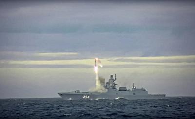 In this image taken from video released by Russian Defense Ministry Press Service on Saturday, May 28, 2022, a new Zircon hypersonic cruise missile is launched by the frigate Admiral Gorshkov of the Russian navy from the Barents Sea. Russia's Defense Ministry said the Russian navy successfully launched a new hypersonic missile from the Barents Sea. The ministry said the recently developed Zircon hypersonic cruise missile had struck its target about 1,000 kilometers away. (Russian Defense Ministry Press Service via AP)