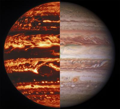 Esta combinación de imágenes proporcionada por la NASA el jueves 28 de octubre de 2021 muestra a Júpiter visto desde el radiómetro de microondas de la nave espacial Juno (izquierda) y su vista en luz visible, capturada por el Observatorio Gemini. (NASA/JPL-Caltech/SwRI/MSSS; Kevin M. Gill; Observatorio Gemini vía AP)