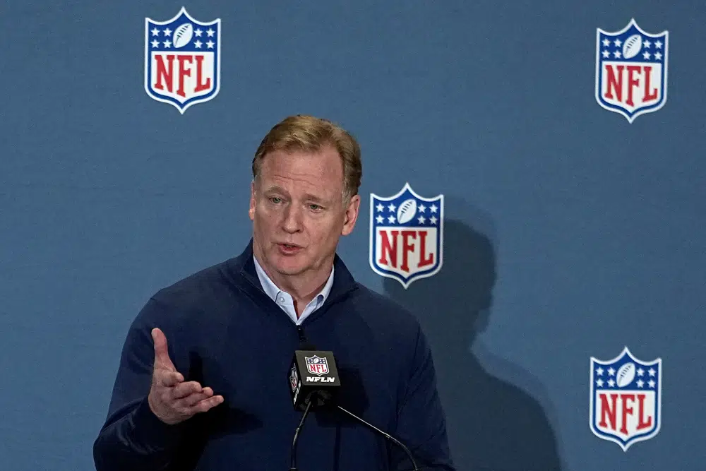 NFL Commissioner Roger Goodell speaks during a media availability at the NFL football meetings, Tuesday, March 28, 2023, in Phoenix. The attorneys general of New York and California announced Thursday, May 4, 2023, that they are investigating allegations of workplace discrimination at the NFL, citing lawsuits filed by employees that describe sex, racial and age bias, sexual harassment, and a hostile work environment. (AP Photo/Matt York, File)