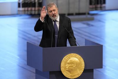 FILE - Nobel Peace Prize winner Dmitry Muratov from Russia speaks during the Nobel Peace Prize ceremony at Oslo City Hall, Norway, on Dec. 10, 2021. Russia’s leading independent newspaper Novaya Gazeta has suspended operations under pressure from Vladimir Putin's government. It was less than half a year since its editor, Dmitry Muratov, won the Nobel Peace Prize for his paper's courageous reporting under difficult circumstances. (AP Photo/file)