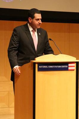 A. Benjamin Mannes speaking at the National Constitution Center.