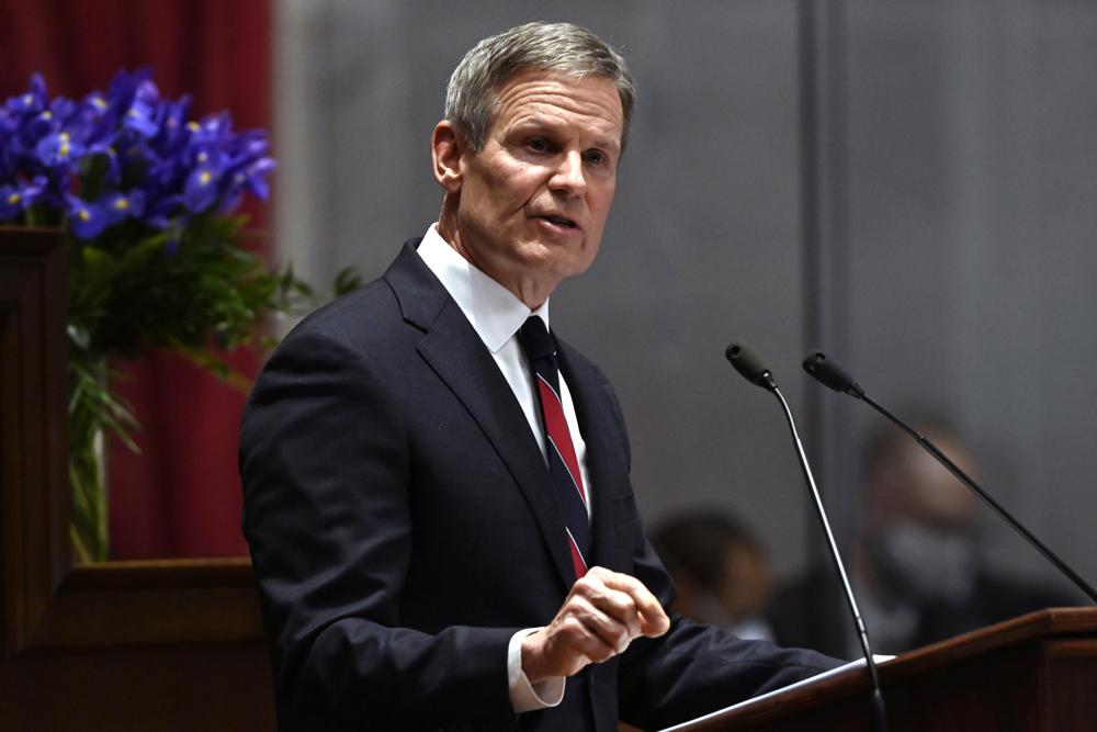 FILE - Tennessee Gov. Bill Lee delivers his State of the State address in the House Chamber of the Capitol building, Monday, Jan. 31, 2022, in Nashville, Tenn.  Lee has signed legislation that will strictly regulate the dispensing of abortion pills, including imposing harsh penalties on doctors who violate them. The measure will go into effect Jan. 1, 2023.   (AP Photo/Mark Zaleski, File)