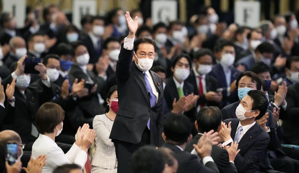 Japan’s former Foreign Minister Fumio Kishida reacts as he won in the Liberal Democrat Party leadership election in Tokyo Wednesday, Sept. 29, 2021. Kishida has won the governing party leadership election and is set to be become the next prime minister. (Kyodo News via AP)