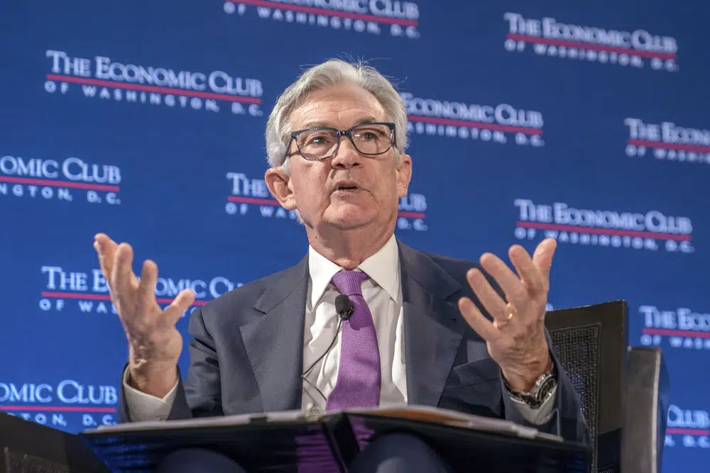 Federal Reserve Chair Jerome Powell speaks at the Economic Club of Washington, Tuesday, Feb. 7, 2023, at the Renaissance Hotel in Washington. (AP Photo/Jess Rapfogel)