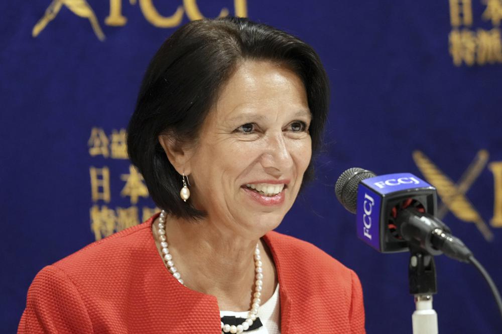 FILE - In this May 28, 2021, file photo, United Nations Secretary General's Special Envoy to Myanmar Christine Schraner Burgener speaks during a press conference, in Tokyo. The U.N. special envoy for Myanmar has warned that February's military takeover has led to armed conflict and if power isn’t returned to the people in a democratic way the country “will go in the direction of a failed state.” (AP Photo/Eugene Hoshiko, File)