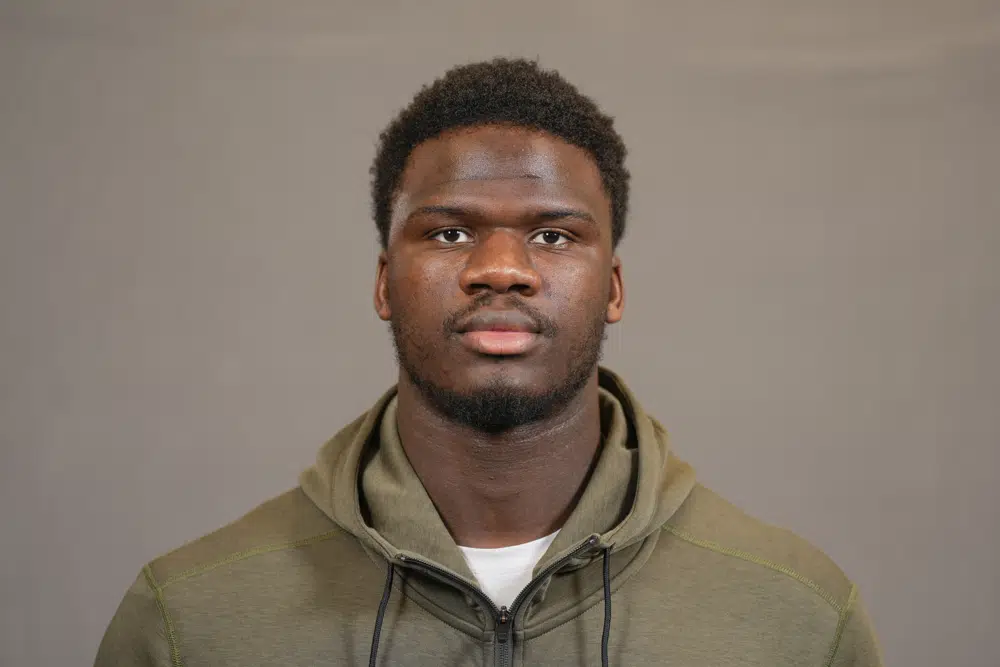 FILE - LSU defensive lineman Ali Gaye poses for a portrait at the NFL football Combine on Tuesday, Feb. 28, 2023 in Indianapolis. Former LSU defensive lineman Ali Gaye’s father was prompted to come to America for better medical care and now Gaye is on the verge of becoming the first Gambian-born NFL player. (AJ Mast/AP Images for the NFL, File)