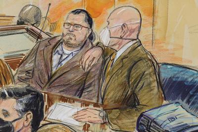 FILE - This artist sketch depicts Guy Wesley Reffitt, joined by his lawyer William Welch, right, in Federal Court, in Washington, on Feb. 28, 2022. Reffitt was convicted on Tuesday, March 8, of storming the U.S. Capitol with a holstered handgun. It's a milestone victory for federal prosecutors in the first trial among hundreds of cases arising from last year’s riot. (Dana Verkouteren via AP)
