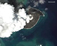 FILE - This satellite image provided by Maxar Technologies shows an overview of Hunga Tonga Hunga Ha'apai volcano in Tonga on Dec. 24, 2021. Three of Tonga's smaller islands suffered serious damage from tsunami waves, officials and the Red Cross said Wednesday, Jan. 19, 2022, as a wider picture begins to emerge of the damage caused by the eruption of an undersea volcano near the Pacific archipelago nation. (Satellite image ©2022 Maxar Technologies via AP, File)