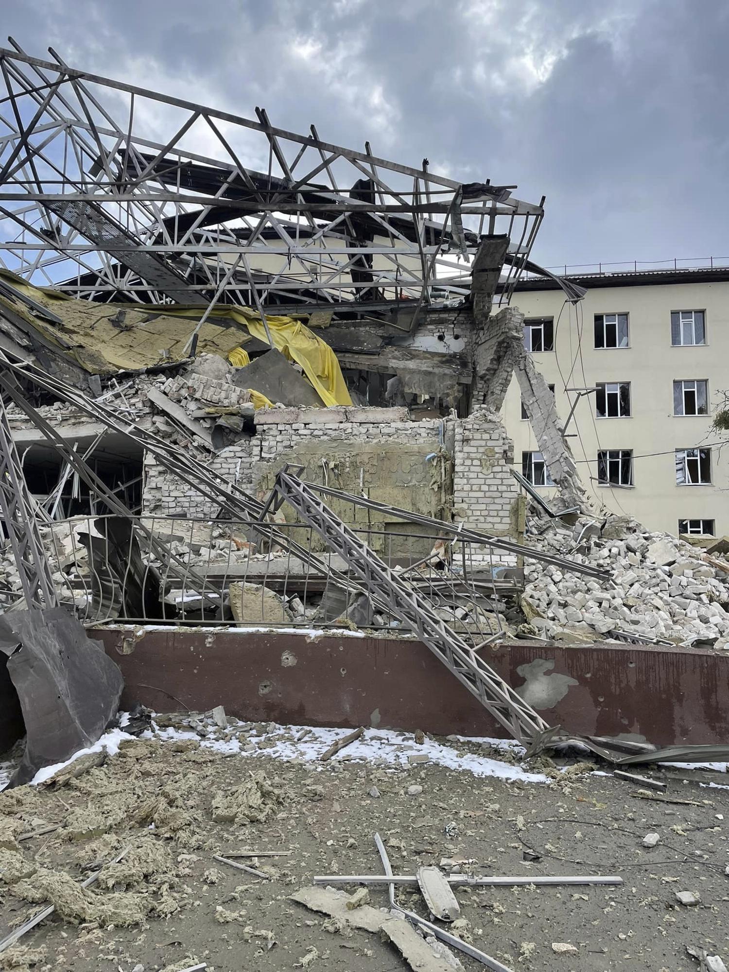 This photo provided by Volodymyr Matsokin shows damage to the hospital in Izyum, Ukraine, on March 8, 2022. (Volodymyr Matsokin via AP)