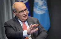 Antonio Vitorino, Director General of the International Organisation for Migration, speaks to The Associated Press in Nairobi, Kenya, Tuesday, Feb. 14, 2023. The numbers of women and children migrating from the Horn of Africa to Gulf countries through Yemen has significantly increased and is a cause of concern, Vitorino told The Associated Press. (AP Photo/Khalil Senosi)