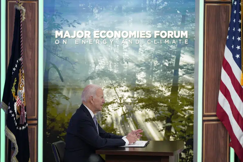 President Joe Biden speaks at the fourth virtual Major Economies Forum on energy and climate, Thursday, April 20, 2023, in the South Court Auditorium on the White House campus in Washington.(AP Photo/Patrick Semansky)