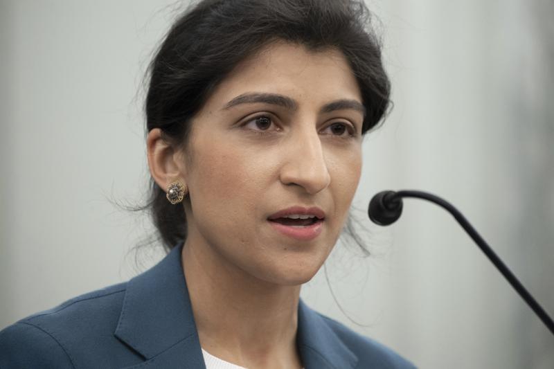 FILE - Lina Khan, nominee for Commissioner of the Federal Trade Commission (FTC), speaks during a Senate Committee on Commerce, Science, and Transportation confirmation hearing, April 21, 2021 on Capitol Hill in Washington. Khan, the head of the Federal Trade Commission says she’ll continue to lead a robust agenda of actions and policies to help safeguard the data privacy of children online. The work will include toughened enforcement of protections under a long-standing law governing kids’ online privacy and paying attention to the algorithms used by social media platforms that target young people. (Saul Loeb/Pool via AP, File)