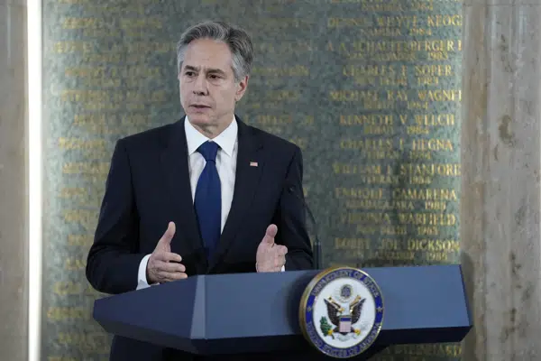 Secretary of State Antony Blinken speaks at an American Foreign Service Association memorial plaque ceremony, Friday, May 5, 2023, at the U.S. State Department in Washington. (AP Photo/Patrick Semansky)