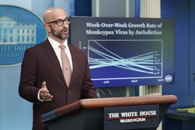 Dr. Demetre Daskalakis, White House Monkeypox response deputy coordinator, speaks during a press briefing at the White House, Wednesday, Sept. 7, 2022, in Washington. (AP Photo/Patrick Semansky)